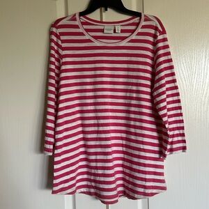 Weekends by Chico’s pink white striped round neck 3/4 sleeve size large